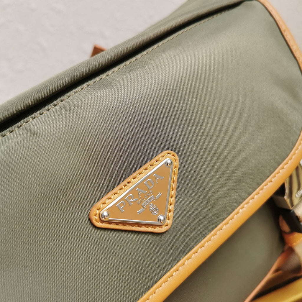 PRADA MESSENGER BAG 20 IN KHAKI GREEN RE-NYLON AND BROWN CALFSKIN TRIM