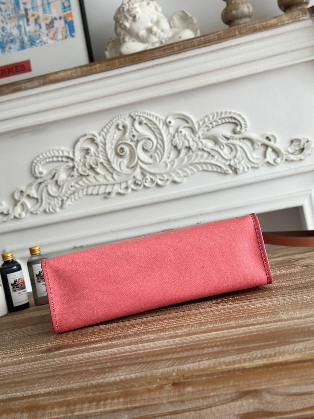 HERMES ZIP CABINE 31 BAG IN PUNCH PINK CANVAS AND BRONZE BROWN CALFSKIN