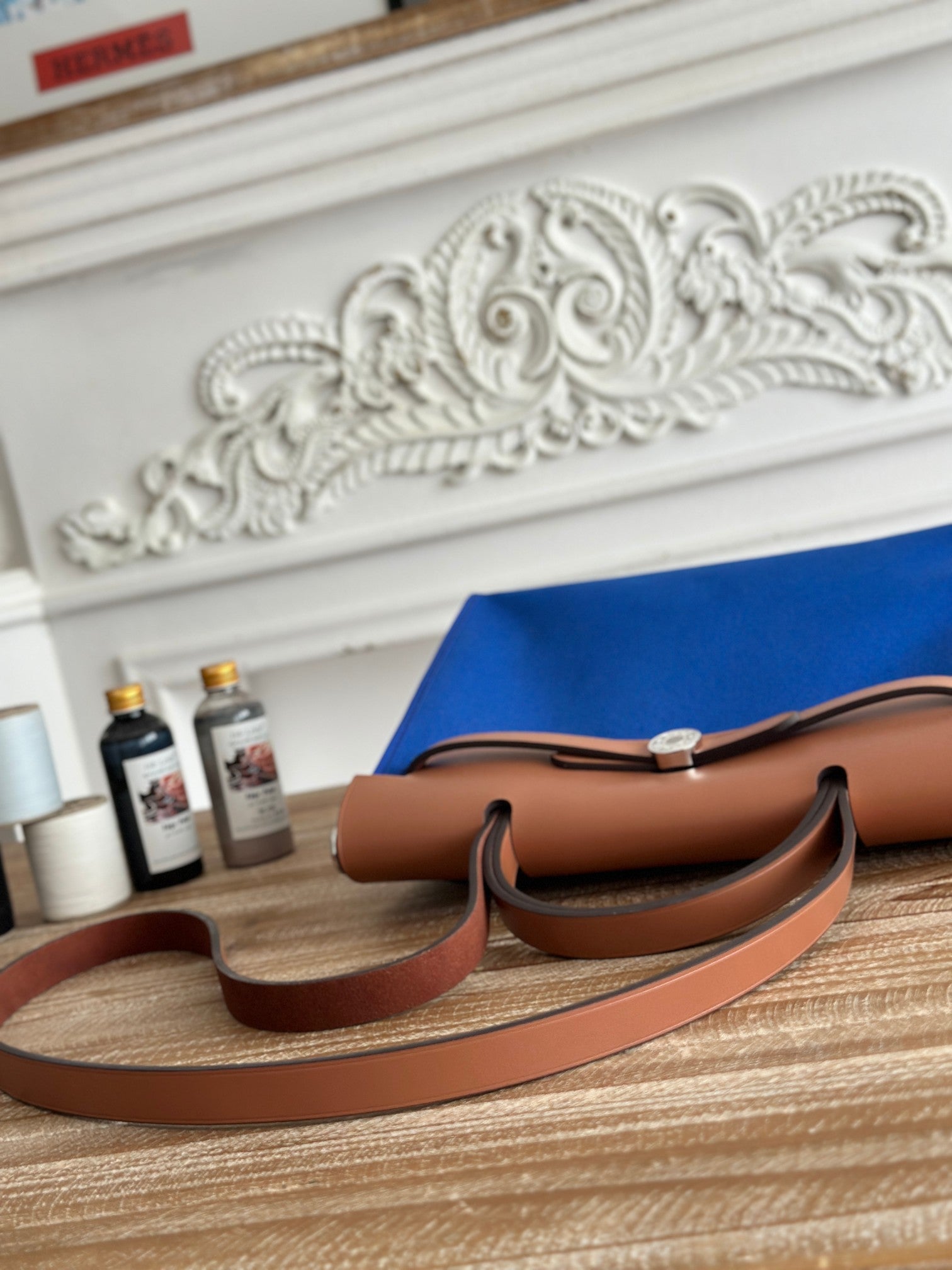 HERMES ZIP CABINE 31 BAG IN COBALT BLUE CANVAS AND BRONZE BROWN CALFSKIN