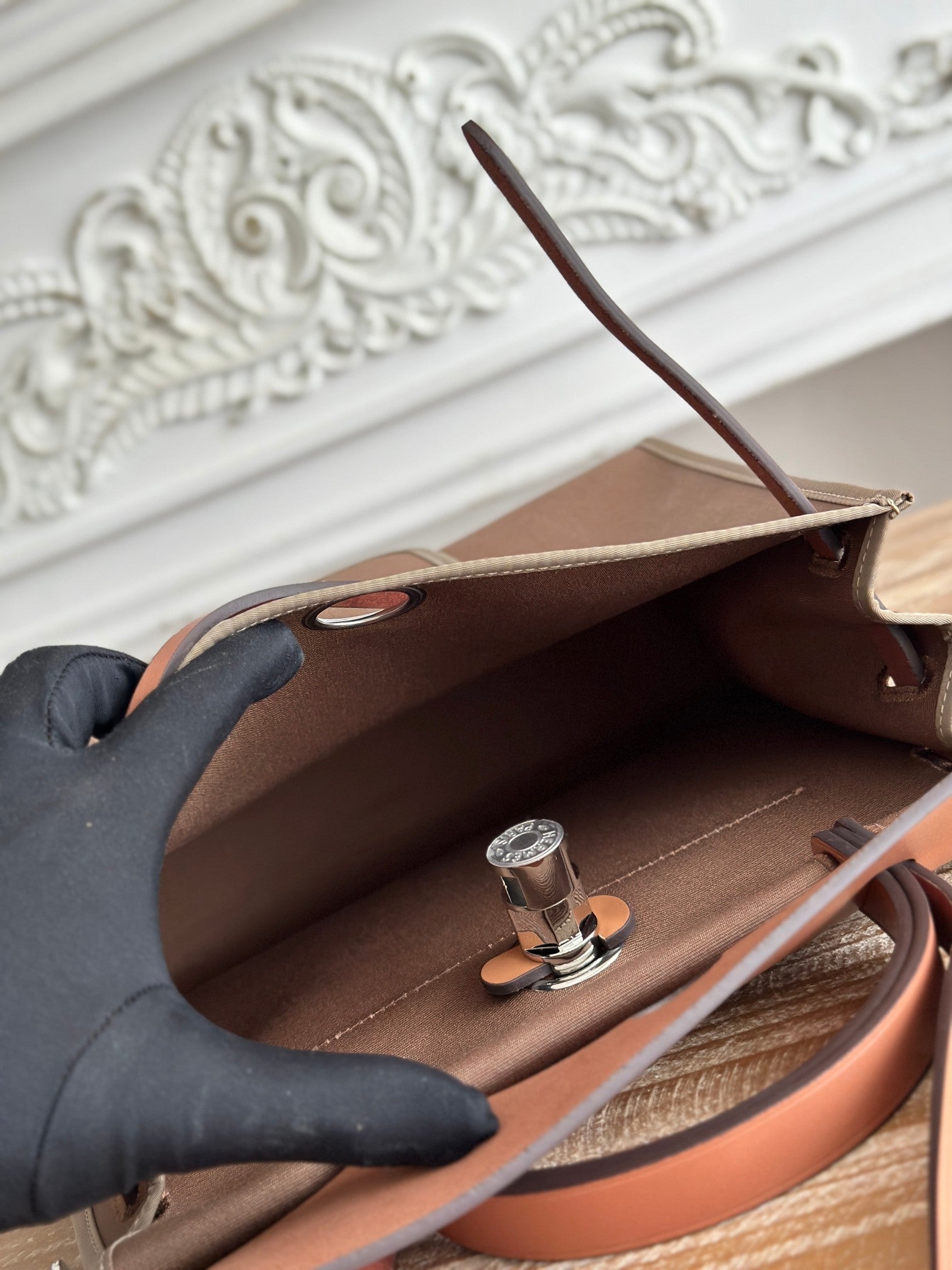 HERMES ZIP CABINE 31 BAG IN CHOCOLATE BROWN CANVAS AND BRONZE BROWN CALFSKIN