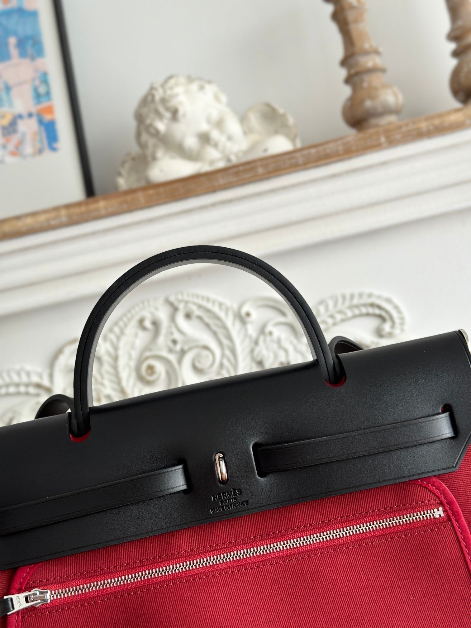 HERMES ZIP CABINE 31 BAG IN RUBY RED CANVAS AND BLACK CALFSKIN