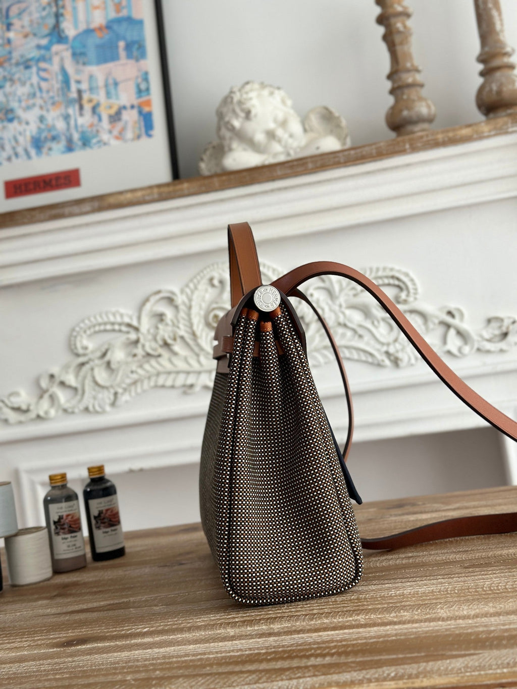 HERMES HERBAG MESSENGER 31 BAG IN DARK BROWN H VIKING CANVAS AND COWHIDE