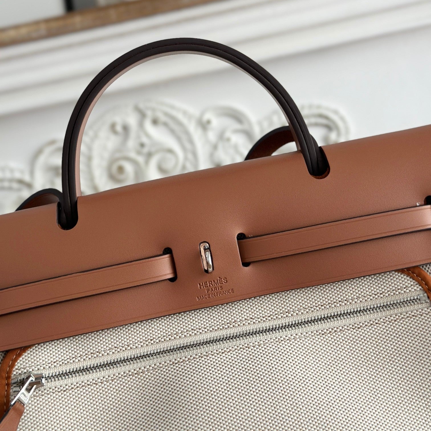 HERMES HERBAG ZIP 31 LAQUERED BAG IN OFF-WHITE MIX YELLOW H PLUME CANVAS