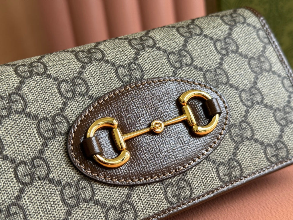 GUCCI HORSEBIT 1955 WALLET IN BEIGE EBONY CANVAS MIX BROWN CALFSKIN GOLD CHAIN