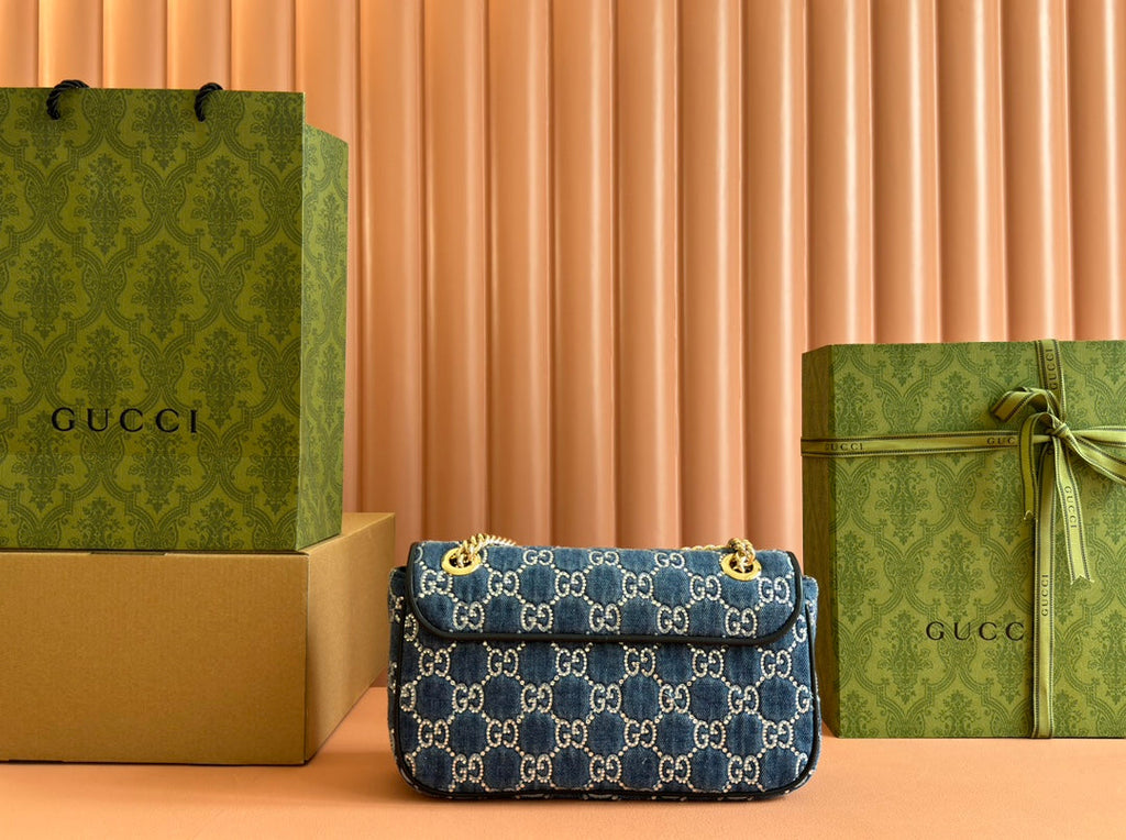 GUCCI MARMONT SHOULDER BAG 26 IN BLUE DENIM WITH DOUBLE G CRYSTAL PATTERN GOLD HARDWARE