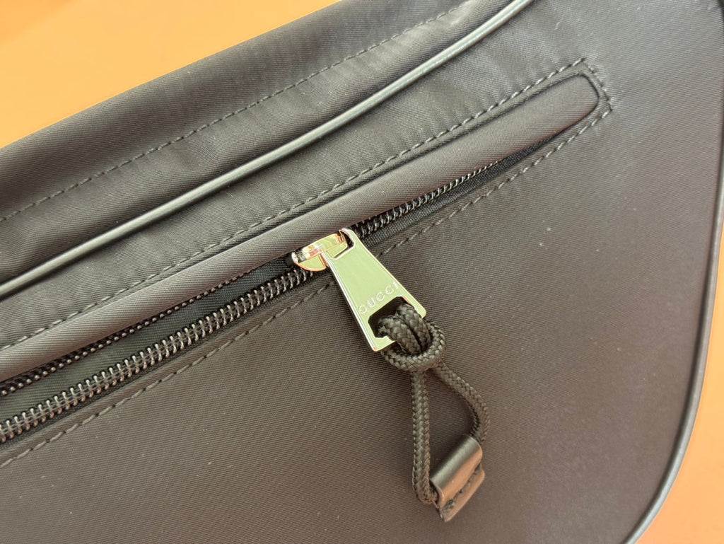 GUCCI LARGE BELT BAG 34 IN BLACK CANVAS GREEN AND RED WEB DETAIL