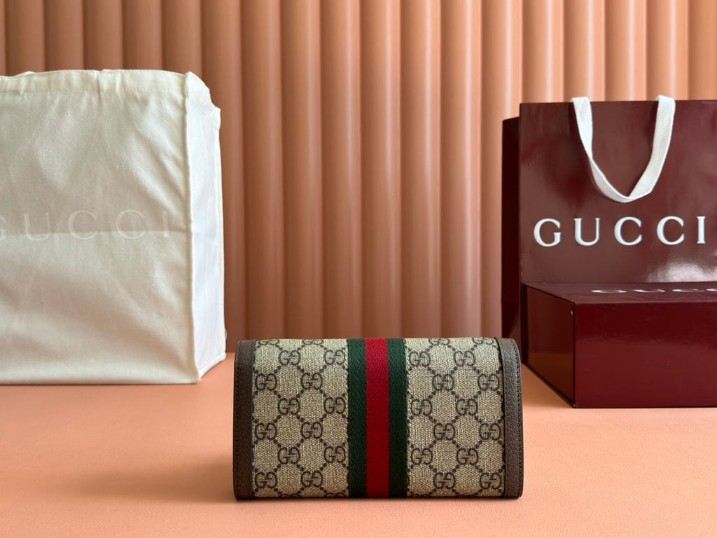GUCCI OPHIDIA WALLET ON GOLD CHAIN 19 IN BEIGE AND DARK BROWN CANVAS AND BROWN CALFSKIN