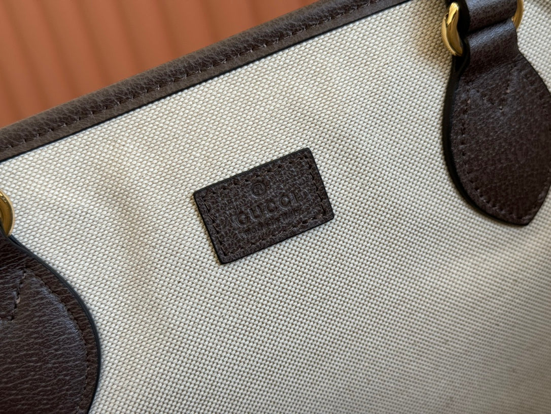 GUCCI OPHIDIA MEDIUM TOTE BAG 38.5 BEIGE CANVAS AND BROWN CALFSKIN