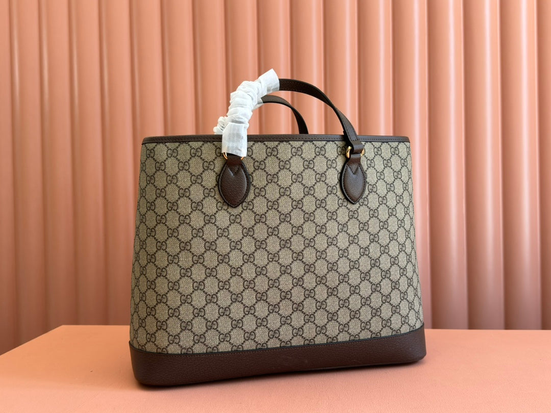 GUCCI OPHIDIA MEDIUM TOTE BAG 38.5 BEIGE CANVAS AND BROWN CALFSKIN