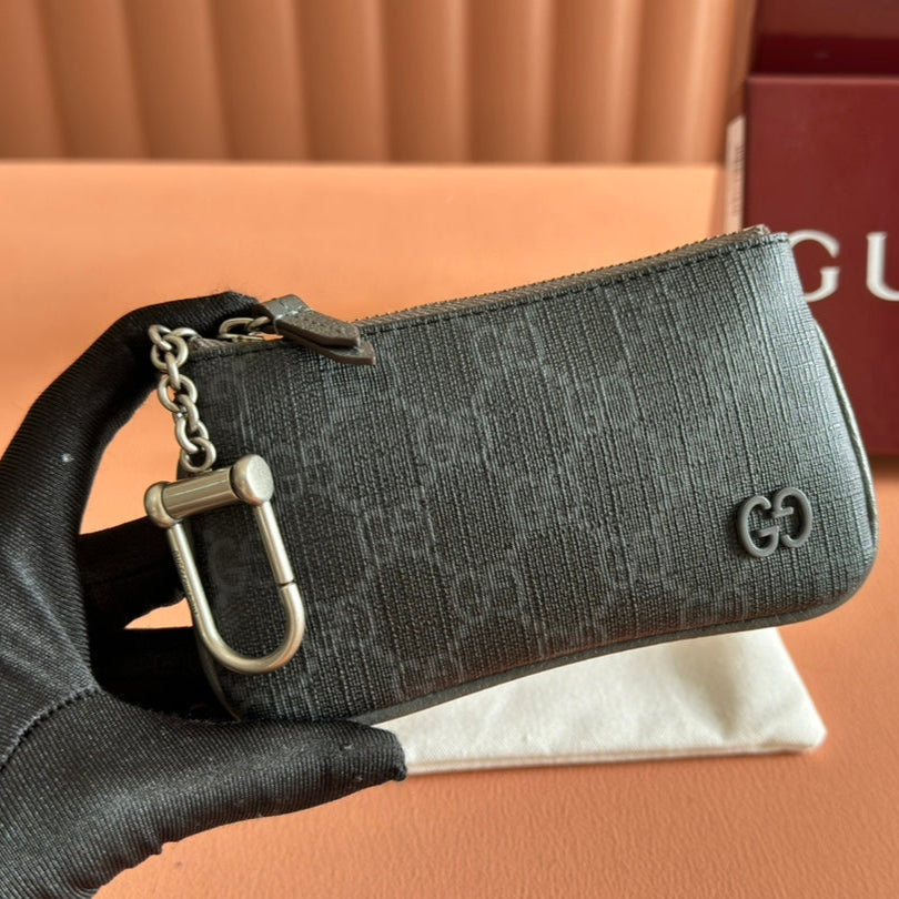 GUCCI BI-COLOUR ZIP KEY CASE 12 IN DARK GREY CALFSKIN