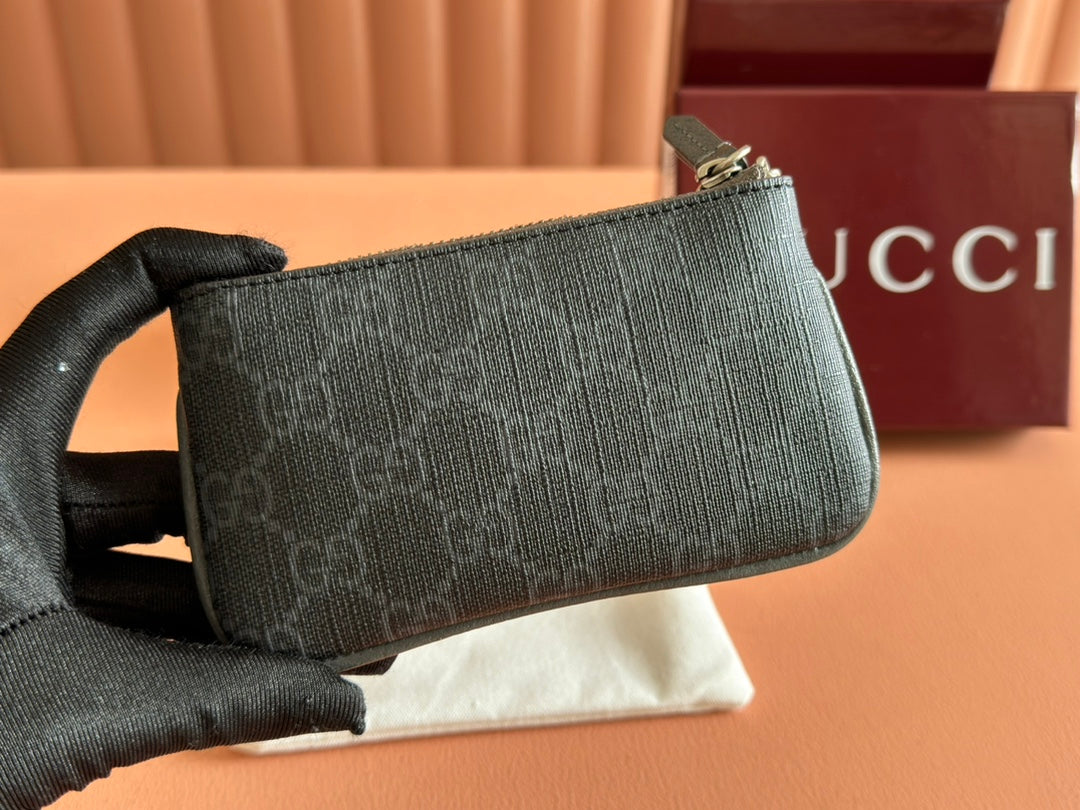 GUCCI BI-COLOUR ZIP KEY CASE 12 IN DARK GREY CALFSKIN