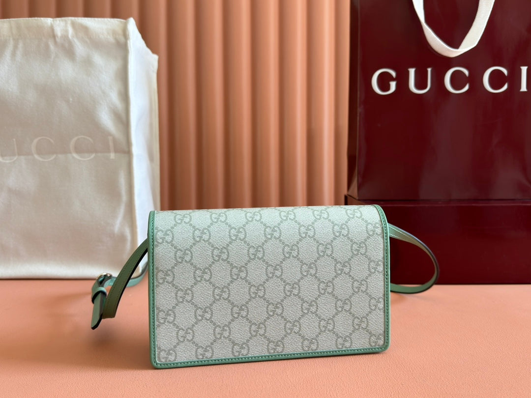 GUCCI EMBLEM WALLET  MONOGRAM 20 IN SAGE GREEN SMOOTH CALFSKIN