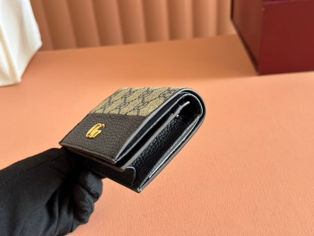 GUCCI MARMONT BI-COLOUR CARD CASE WALLET 11 IN BLUE BEIGE EBONY  CANVAS BLACK CALFSKIN