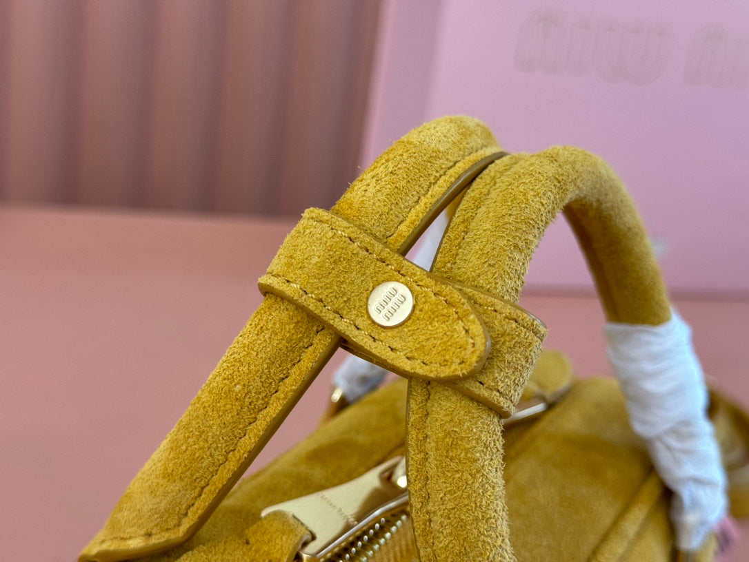 ARCADIE BAG 22 IN MUSTARD YELLOW SUEDE GOLD HARDWARE