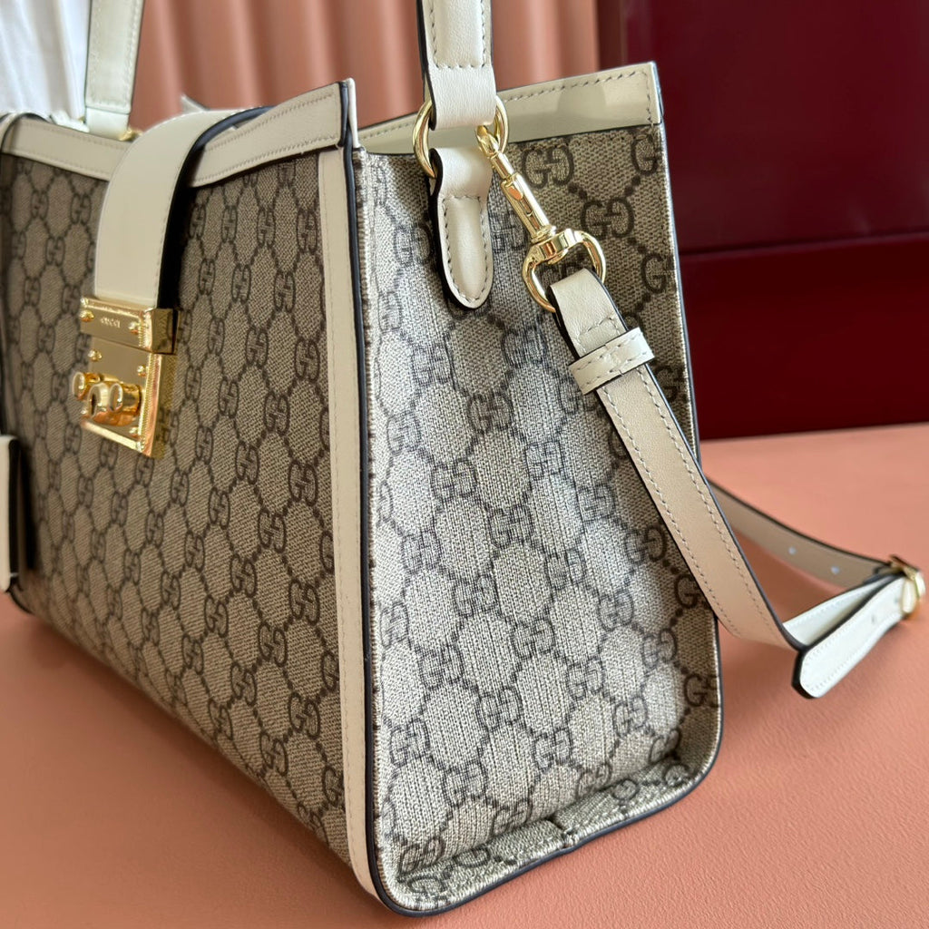 GUCCI 26S PADLOCK SHOULDER BAG 29 IN DARK BEIGE AND WHITE CALFSKIN