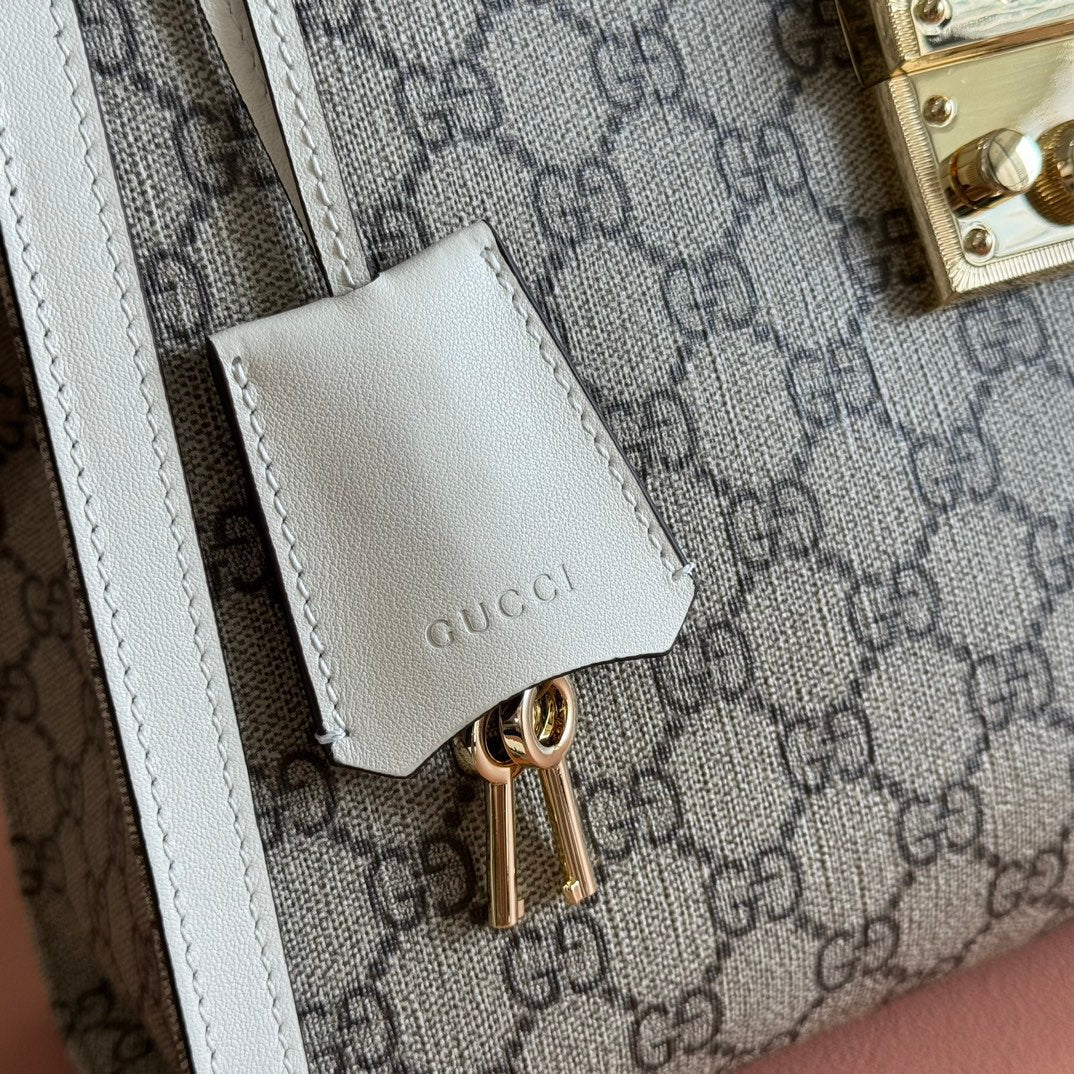 GUCCI 26S PADLOCK SHOULDER BAG 29 IN DARK BEIGE AND WHITE CALFSKIN