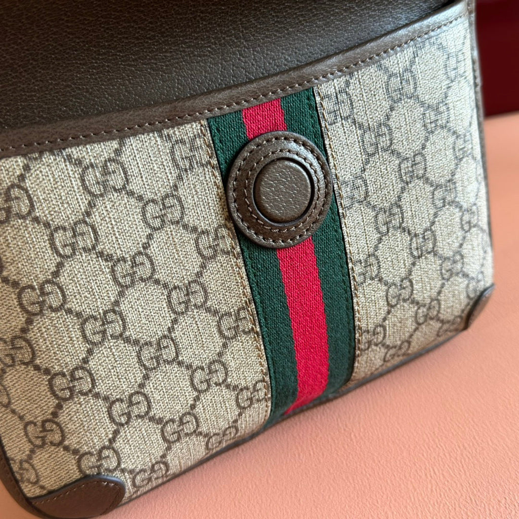 GUCCI OPHIDIA BELT BAG 24 IN BEIGE AND DARK BROWN CANVAS