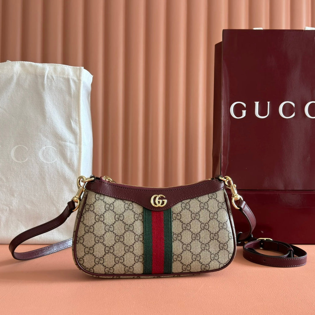 GUCCI OPHIDIA SMALL SHOULDER BAG 26 IN BROWN CANVAS REDDISH BROWN LEATHER TRIM
