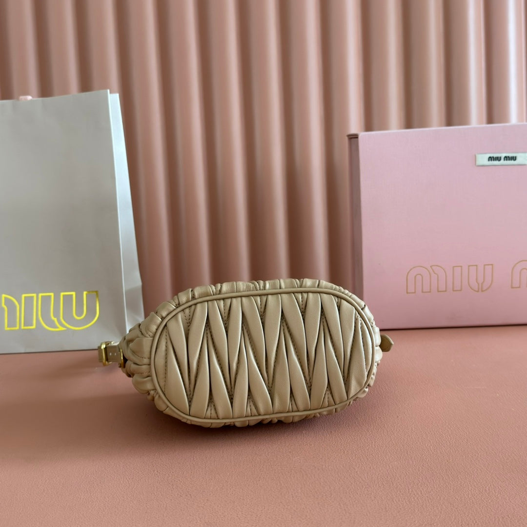 MIUMIU 26S POUCH BAG 15 IN DARK BEIGE CALFSKIN GOLD HARDWARE