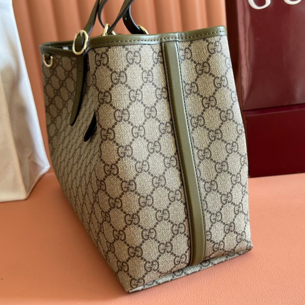 GUCCI 26S TOTE BAG 38 IN DARK BEIGE AND MOSS GREEN CANVAS