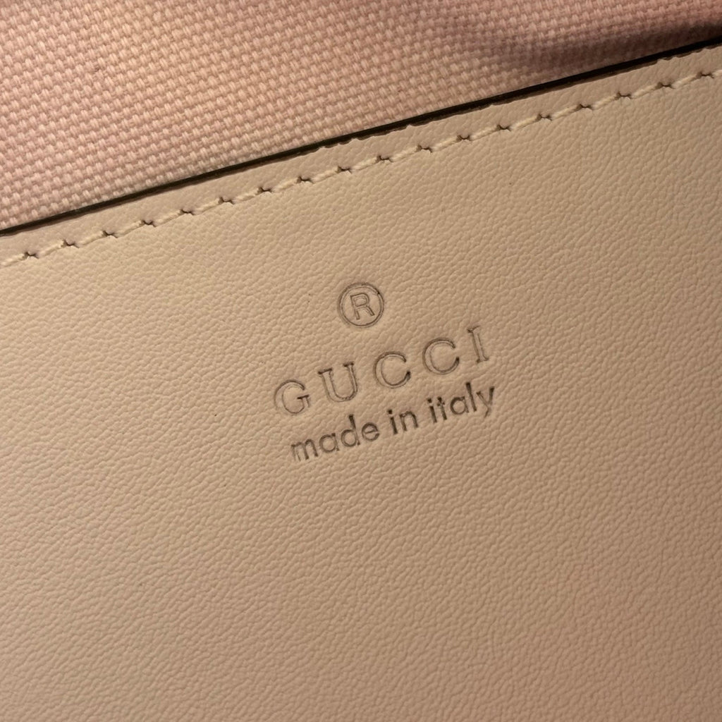GUCCI 26S  EMBLEM BUCKET BAG 22 IN LIGHT PINK COATED FABRIC
