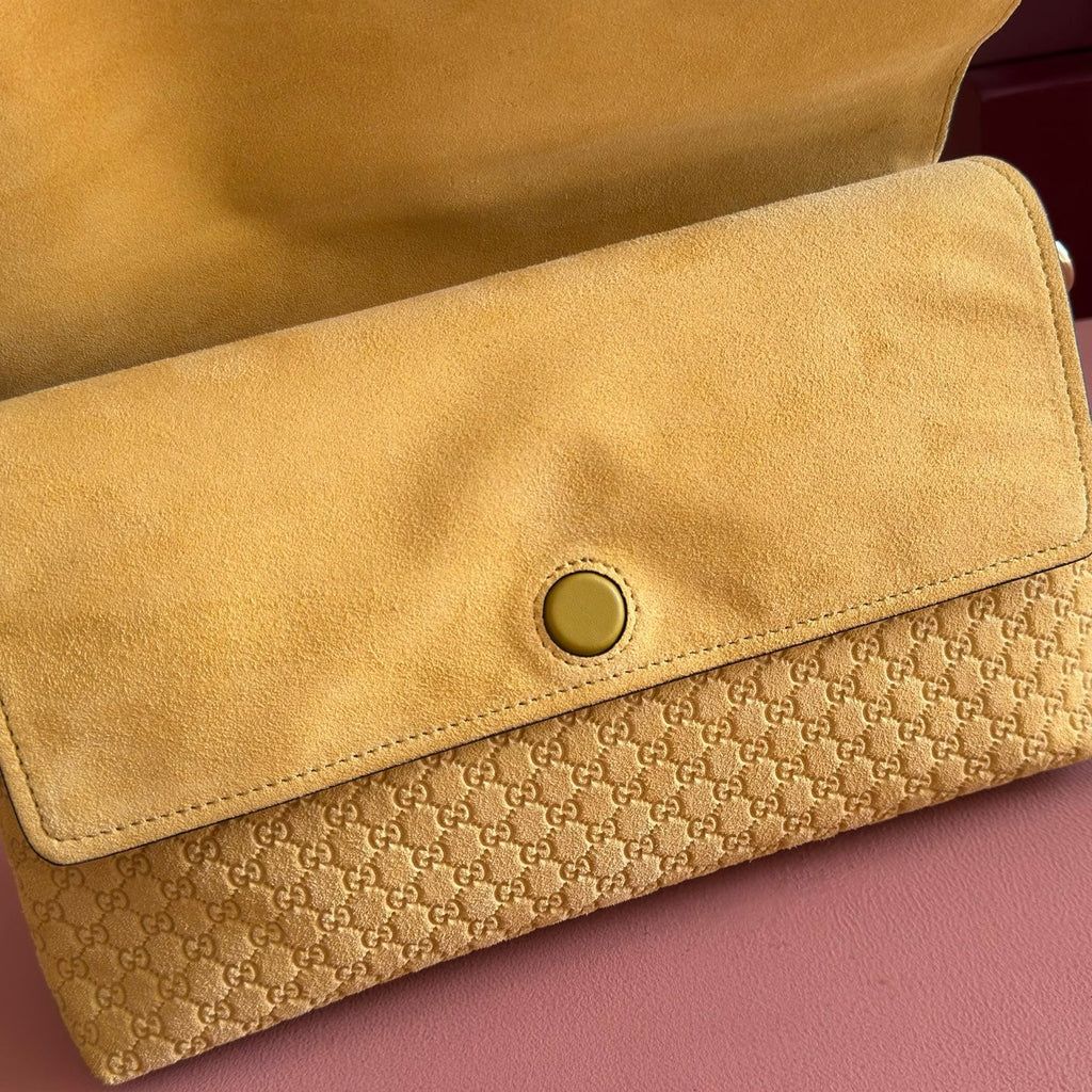 GUCCI 26S SHOULDER BAG 28 IN MUSTARD YELLOW EMBOSSED SUEDE