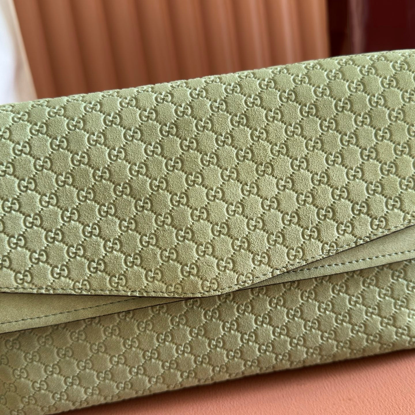 GUCCI 26S SHOULDER BAG 28 IN SAGE GREEN EMBOSSED SUEDE