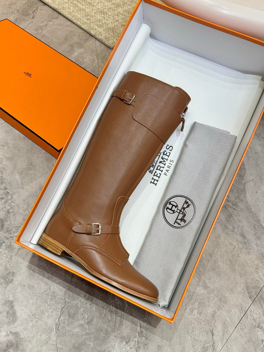 HERMES 25S RIDING BOOTS IN BROWN LAMBSKIN WITH SILVER HARDWARE