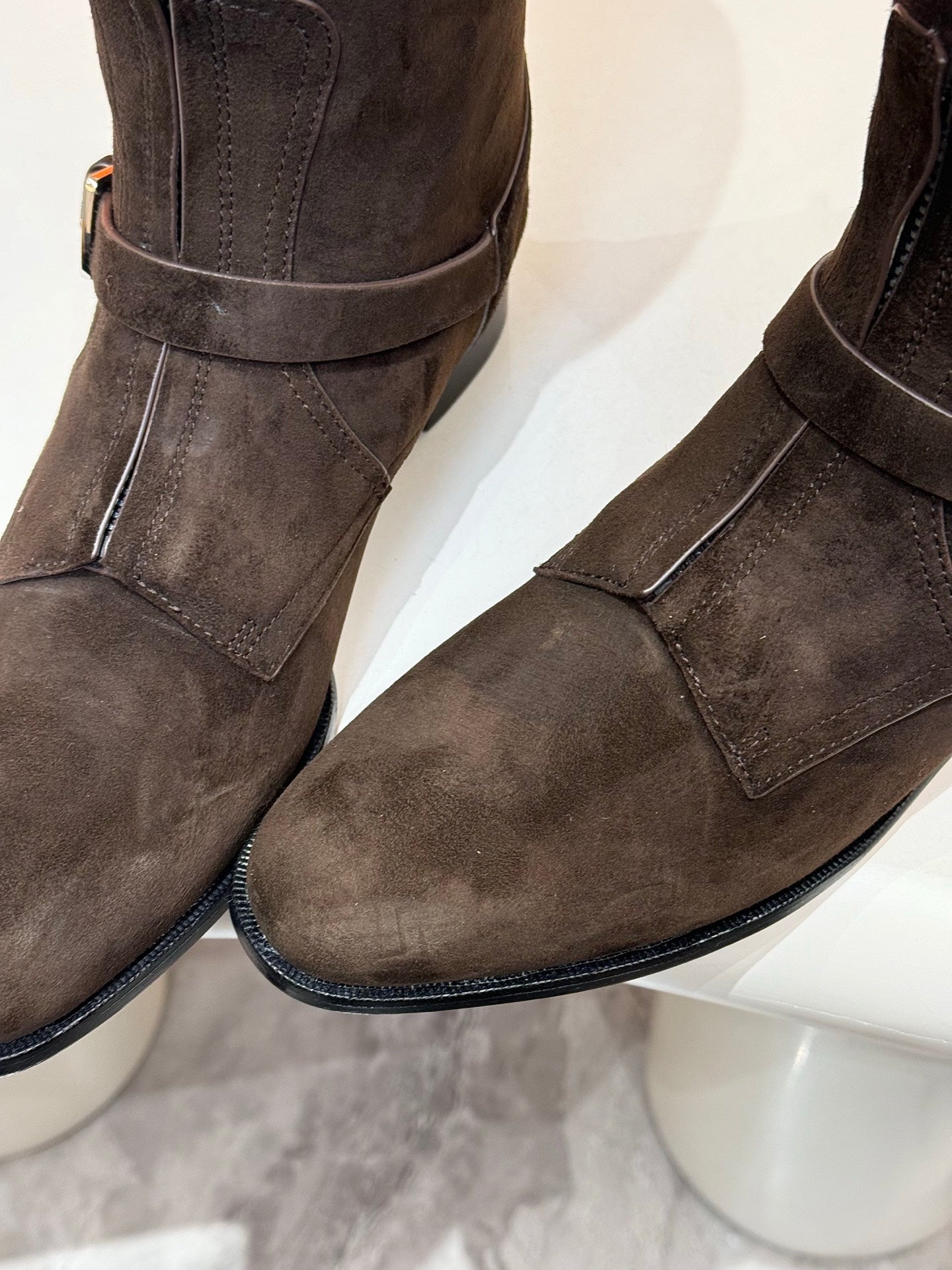 HERMES 25S RIDING BOOTS IN DARK COFFEE BROWN SUEDE WITH SILVER HARDWARE