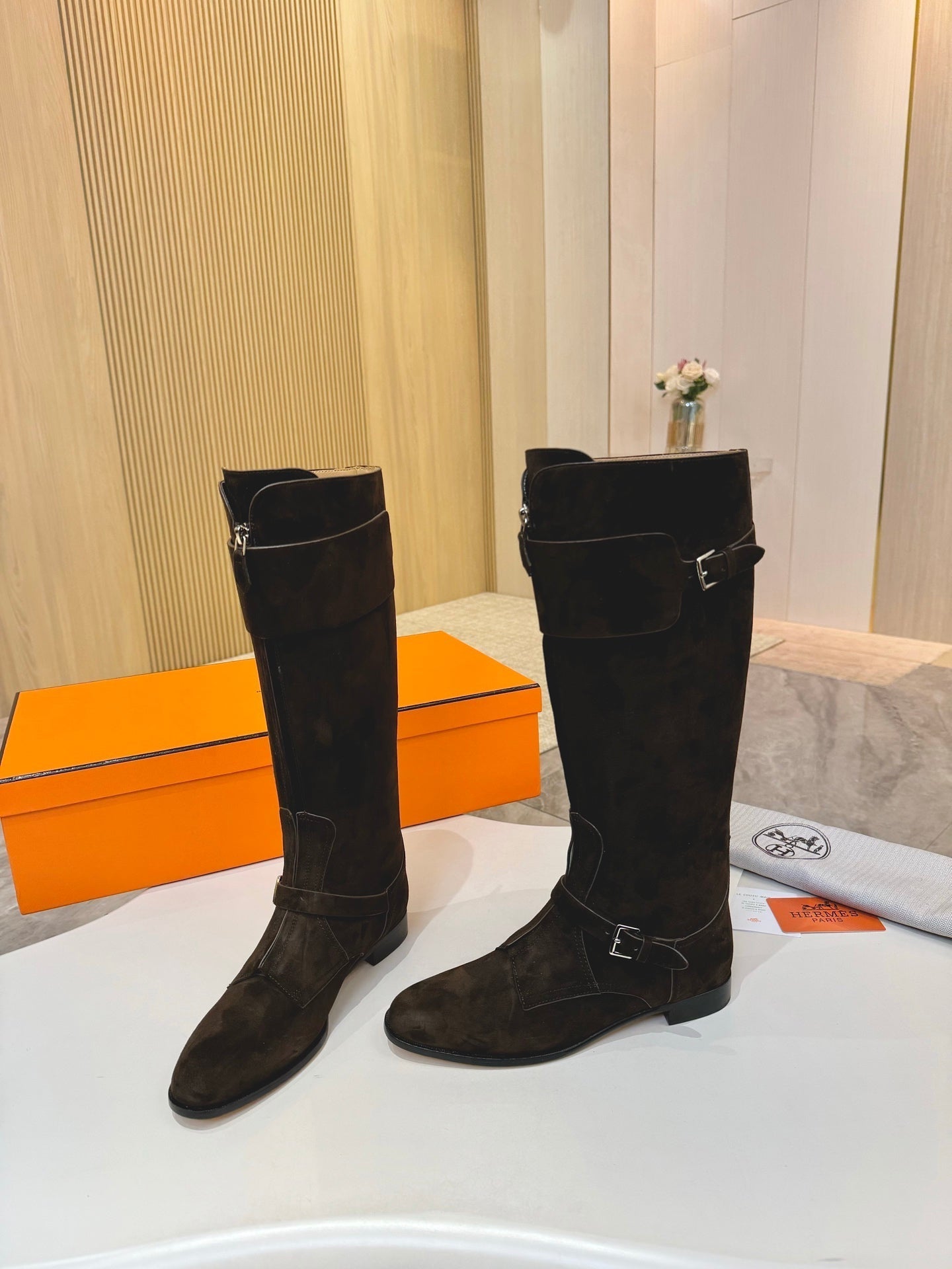 HERMES 25S RIDING BOOTS IN DARK COFFEE BROWN SUEDE WITH SILVER HARDWARE