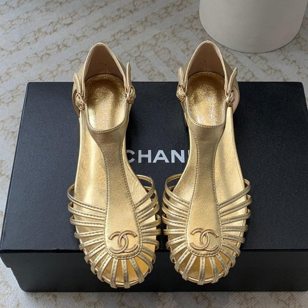 CHANEL Summer New Hollow Roman Sandals Gold Sheepskin