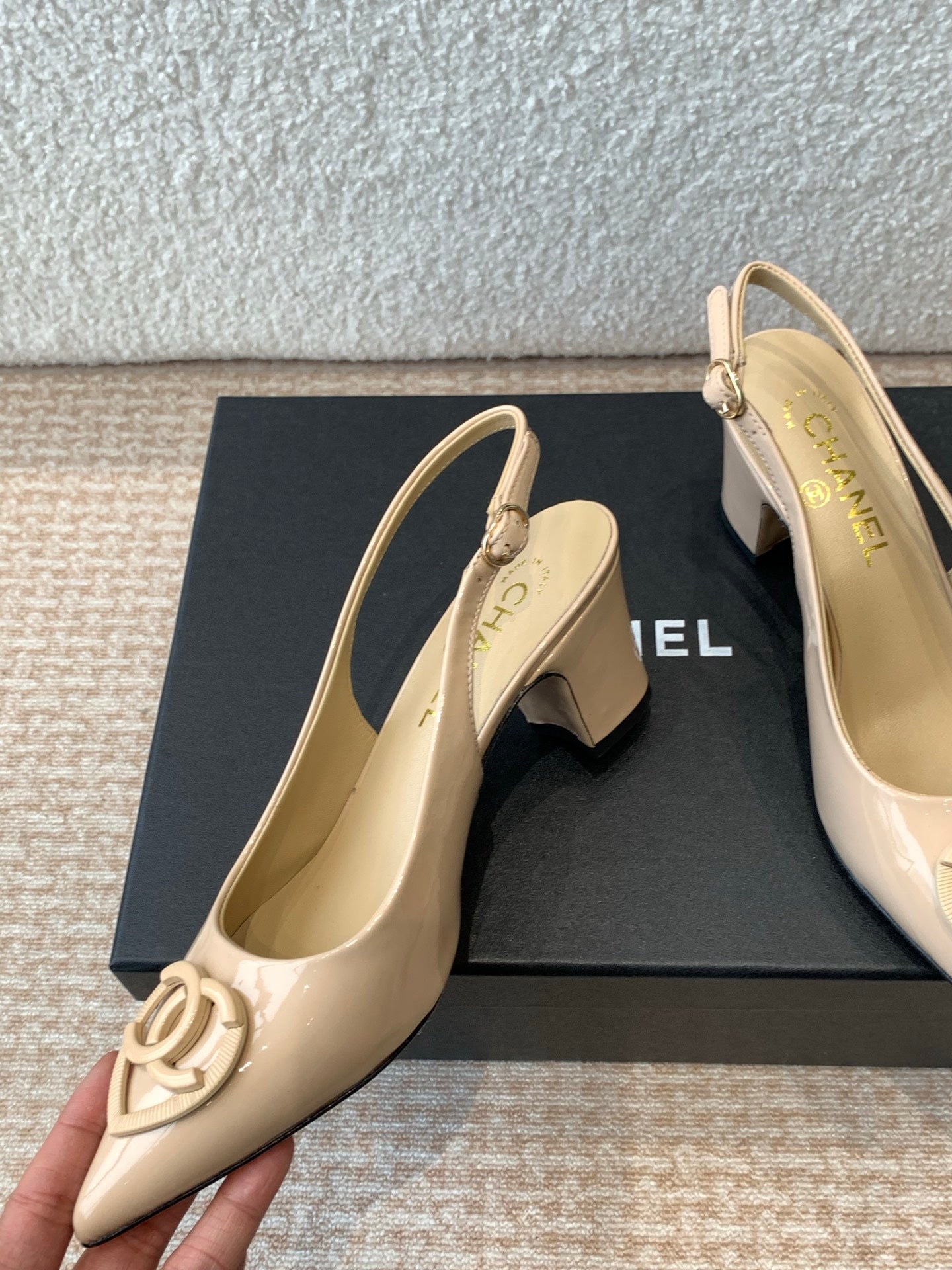 CHANEL MID-HEEL SLINGBACKS IN BISQUE BEIGE PATENT CALFSKIN