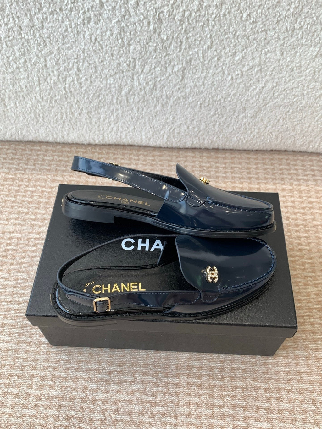 CHANEL MOASIN SLINGBACK IN AEGEAN BLUE PATENT CALFSKIN
