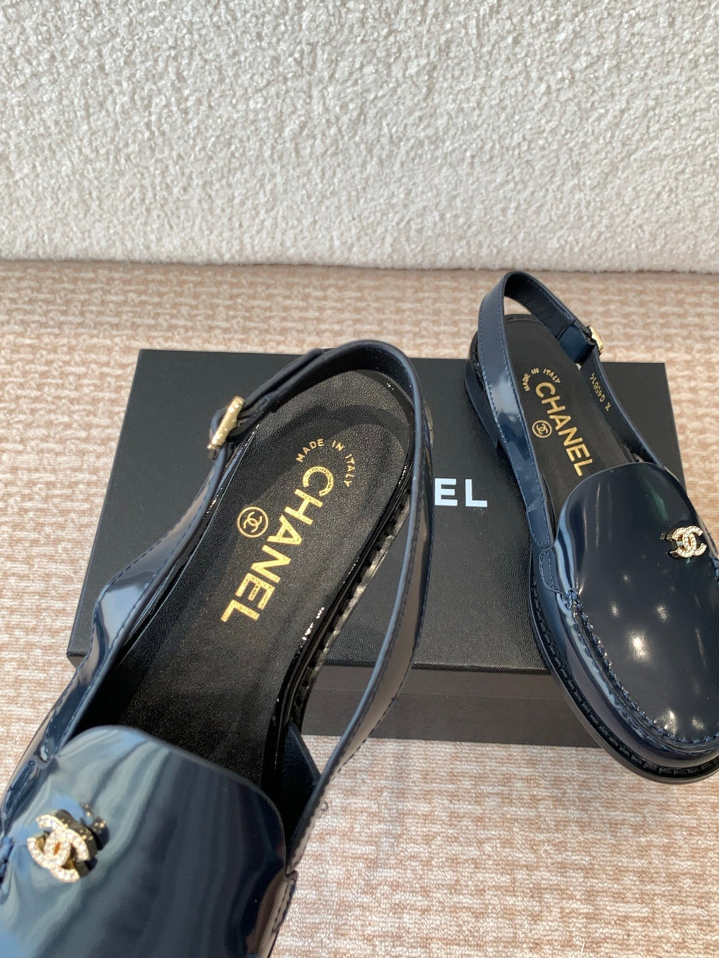 CHANEL MOASIN SLINGBACK IN AEGEAN BLUE PATENT CALFSKIN