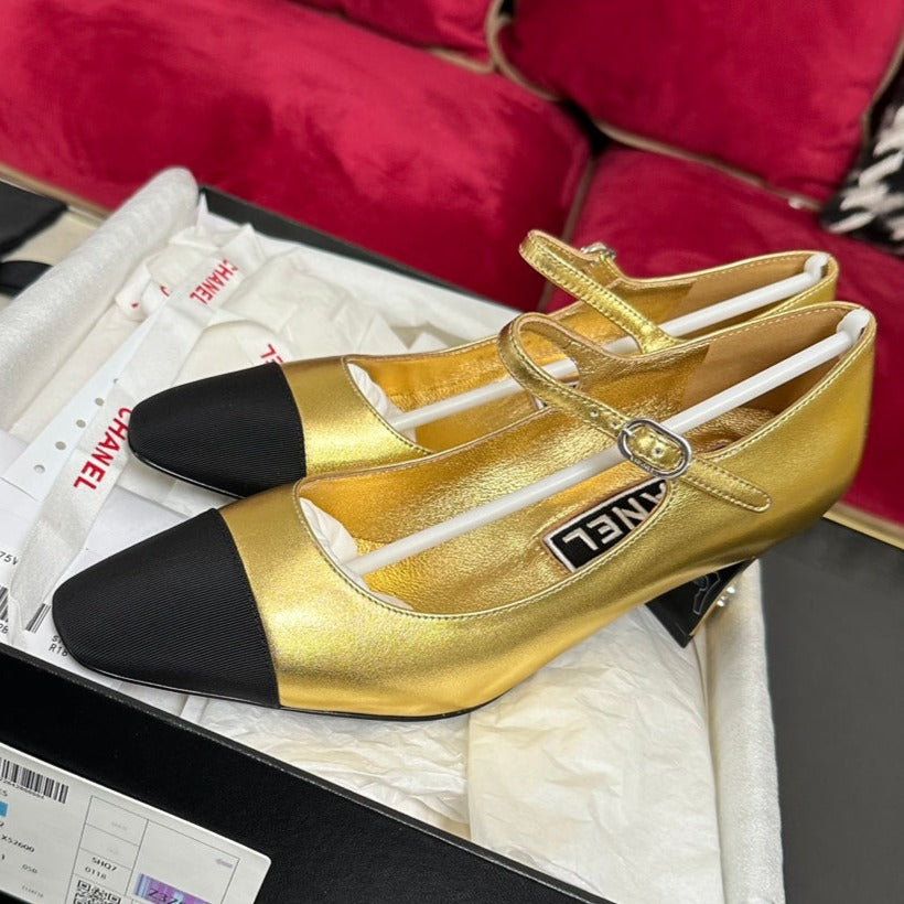 CHANEL HIGH MARY JANE IN GOLDEN CALFSKIN AND BLACK SATIN