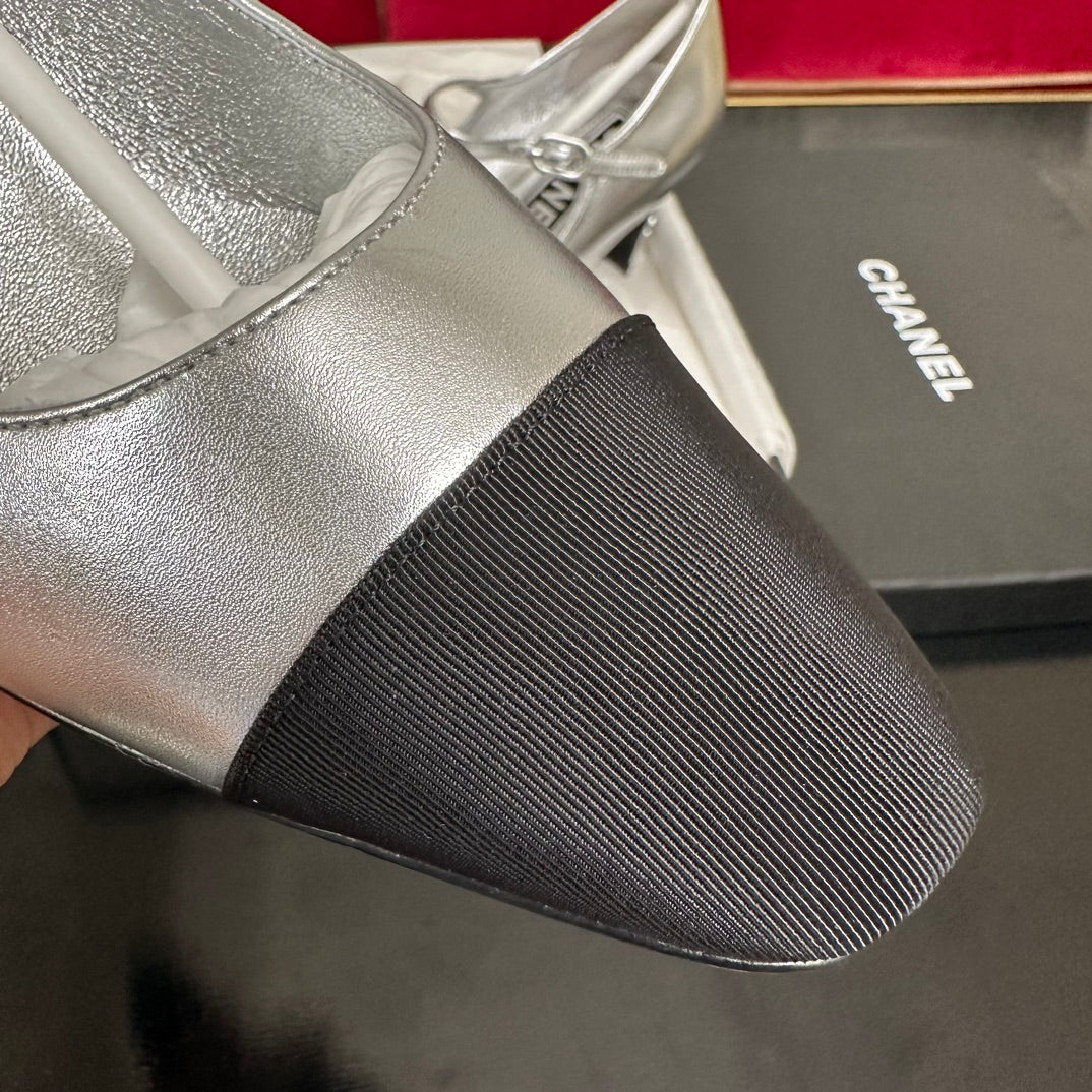 CHANEL HIGH MARY JANE IN SILVER CALFSKIN AND BLACK SATIN