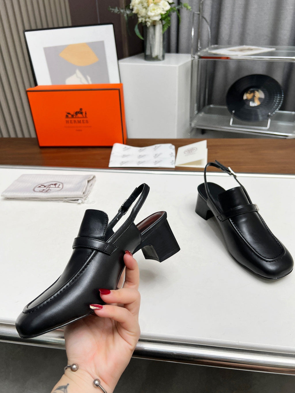 HERMES SQUARE TOE SLINGBACK BLACK CALFSKIN