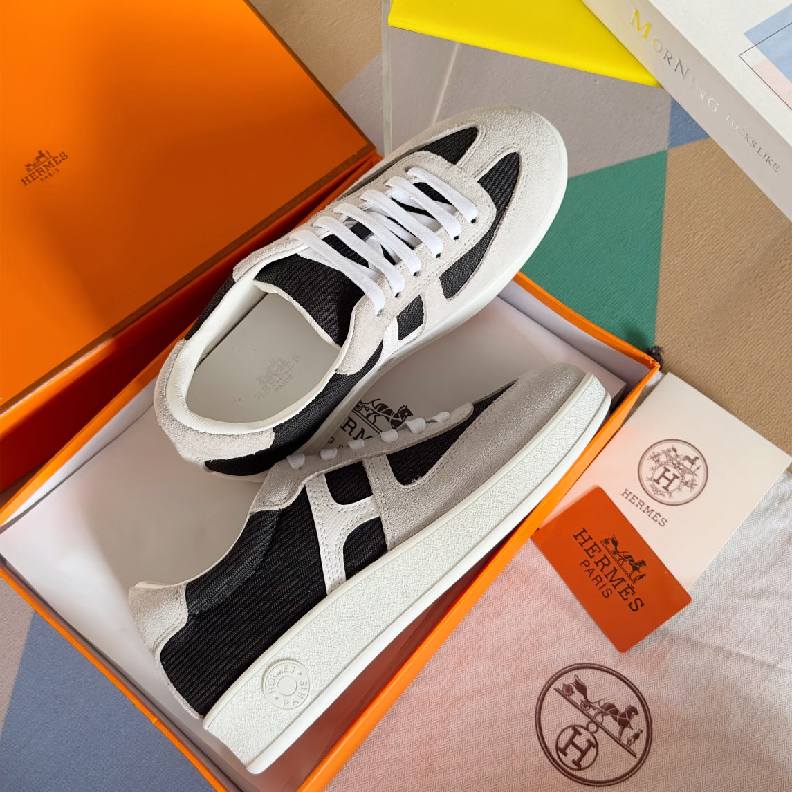 HERMES BOOMERANG SNEAKERS LIGHT GRAY MIX BLACK SUEDE