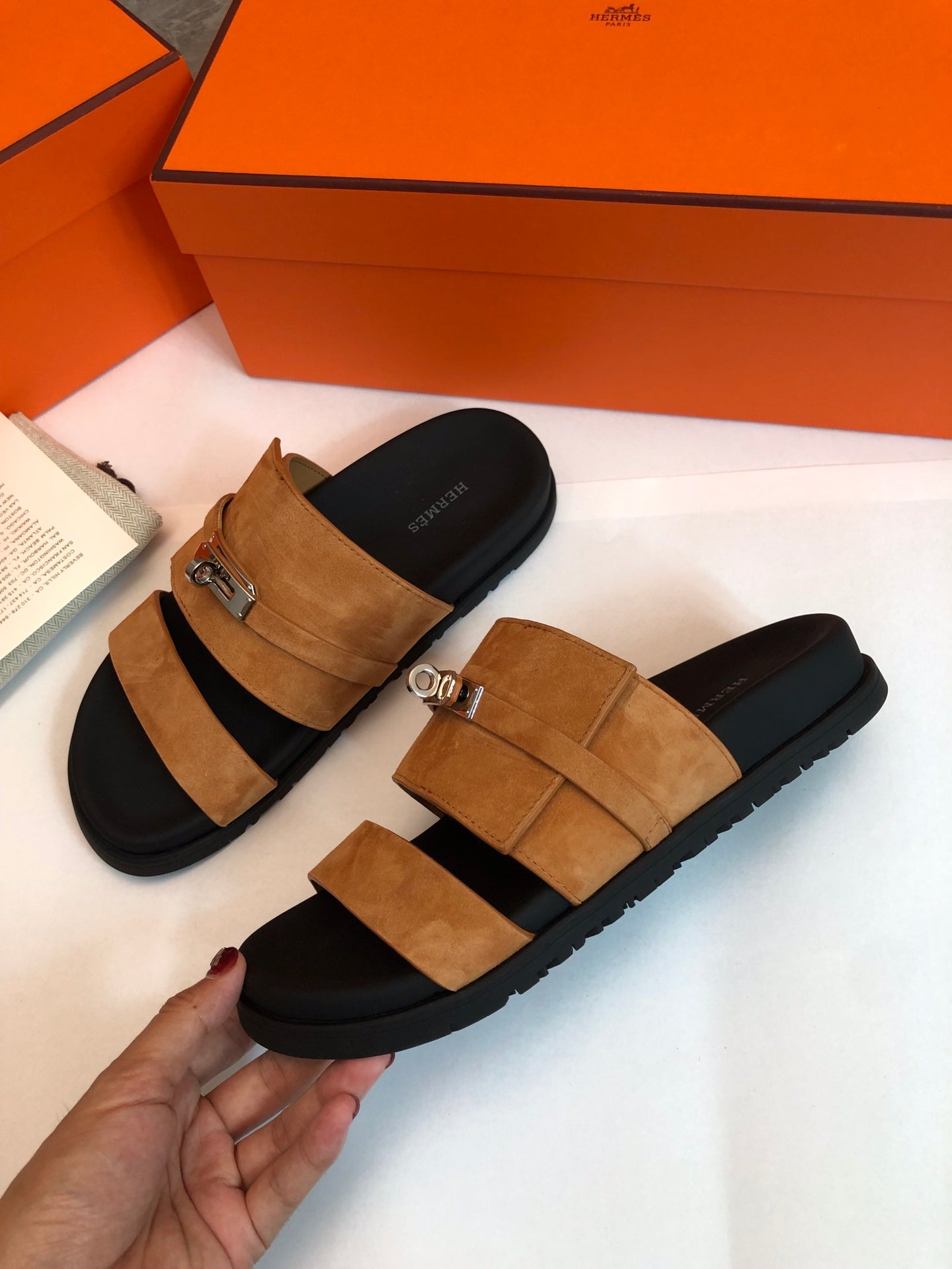 HERMES GABRIEL SANDAL MULE IN BRONZE BROWN SUEDE