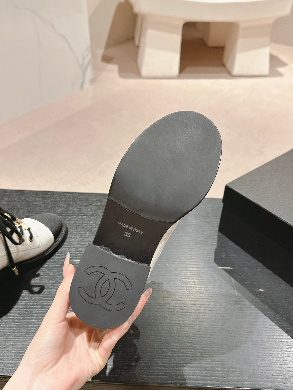 CHANEL OXFORD SHORT BOOTS WHITE MIX BLACK SHEEPSKIN