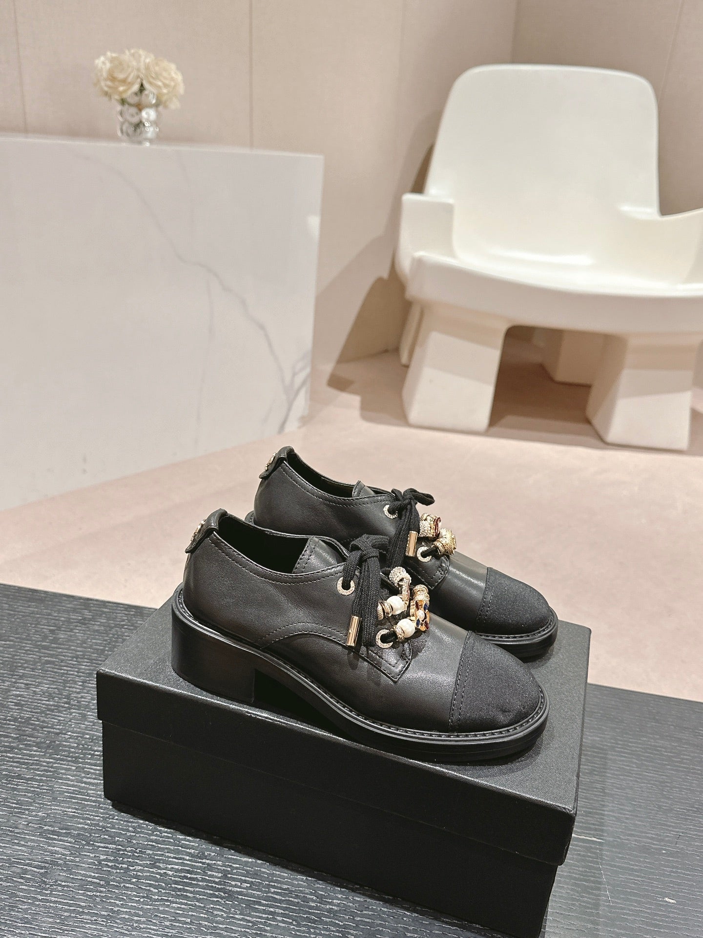 CHANEL OXFORD SHOES BLACK SHEEPSKIN