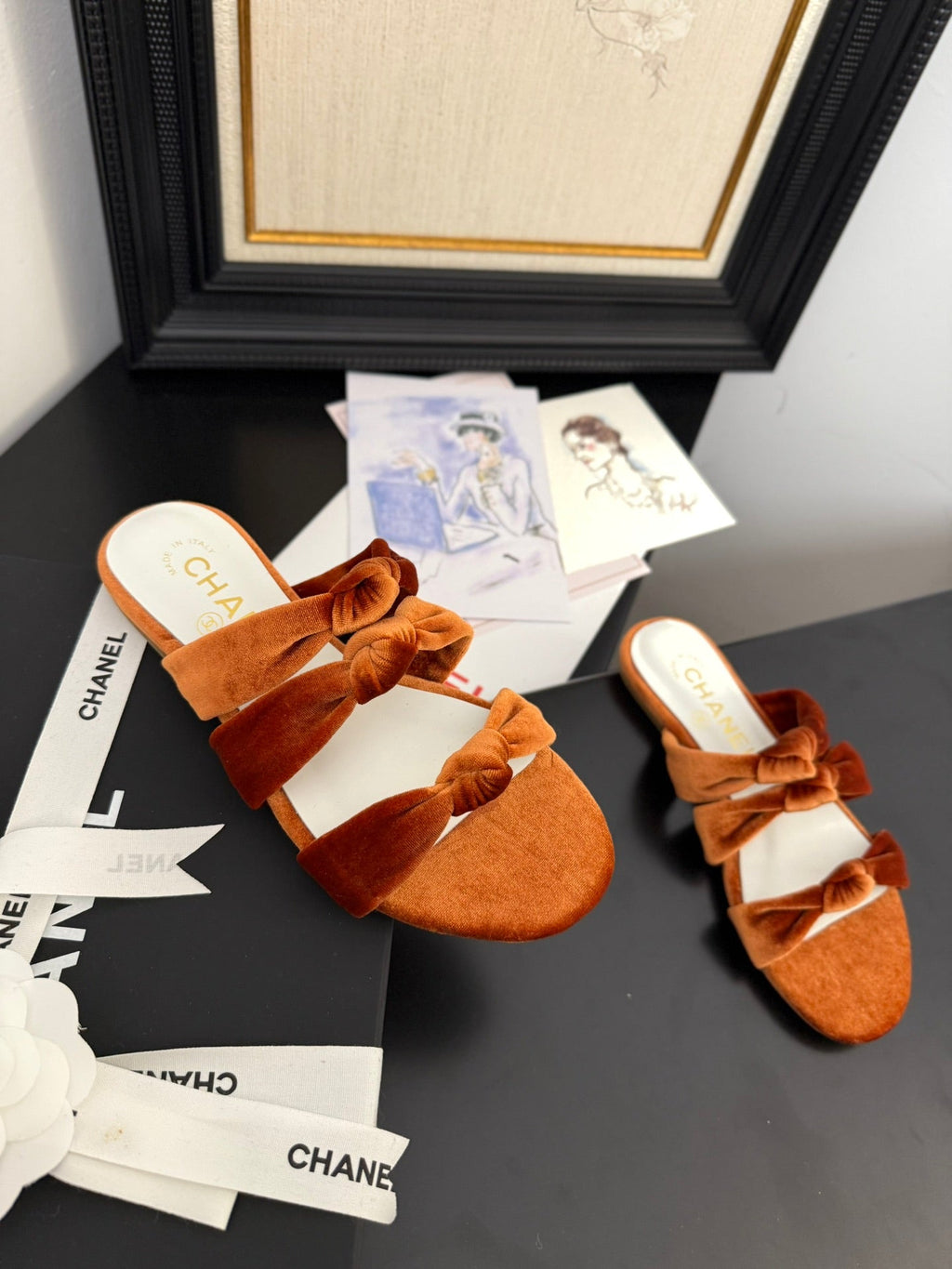 CHANEL 25C Three Strap Mule Pumpkin Velvet fabric 233560
