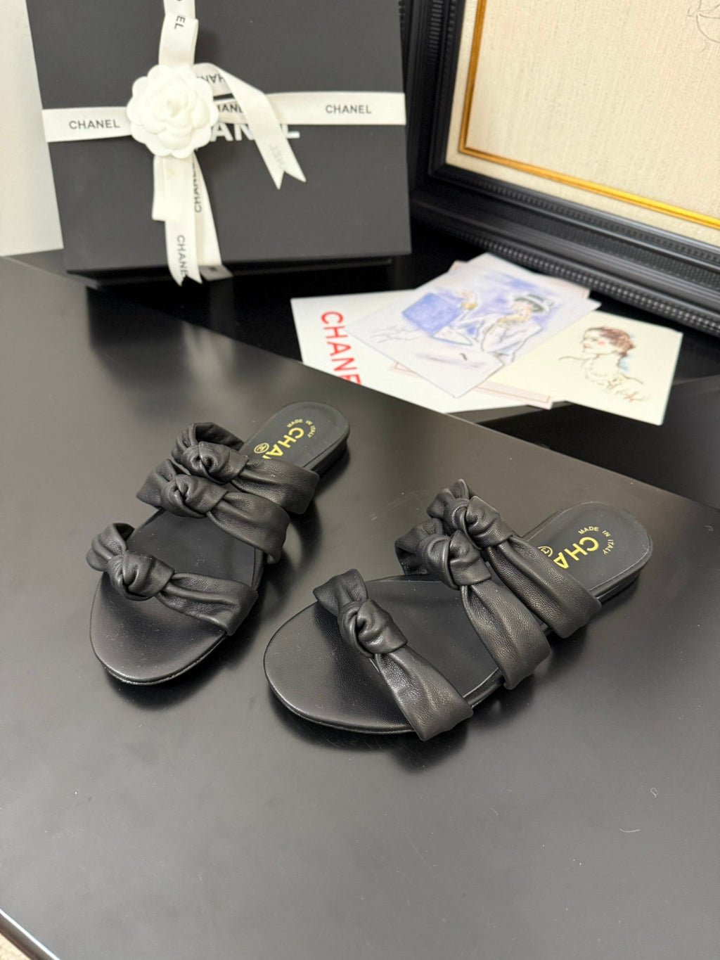 CHANEL 25C Three Strap Mule Black Lambskin 233557