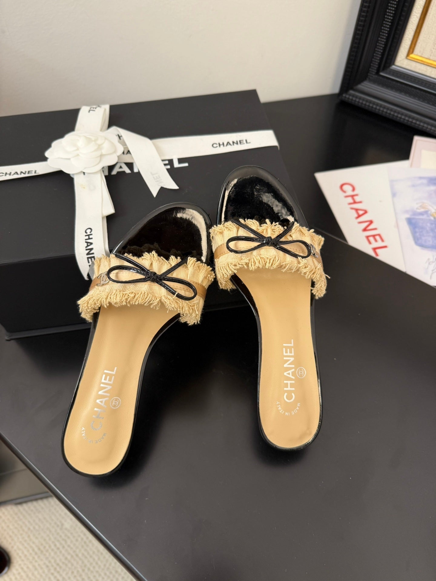 CHANEL SAND YELLOW GROSGRAIN CANVAS BOW MULE SANDALS 65 MM