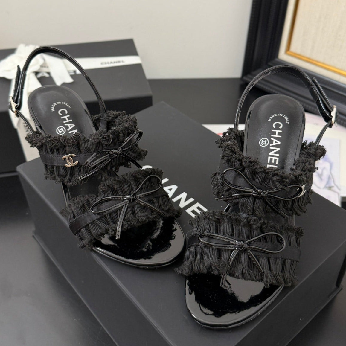 CHANEL BLACK GROSGRAIN CANVAS BOW SLINGBACK SANDALS