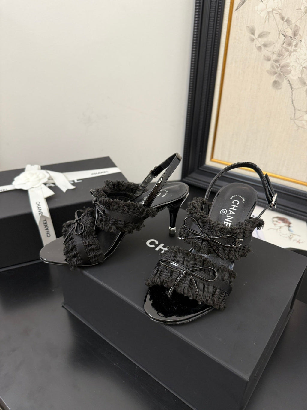 CHANEL BLACK GROSGRAIN CANVAS BOW SLINGBACK SANDALS