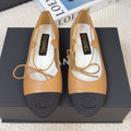 CHANEL FLAT MARY JANE PUMPS IN DIJON YELLOW LAMBSKIN MIX BLACK FABRIC