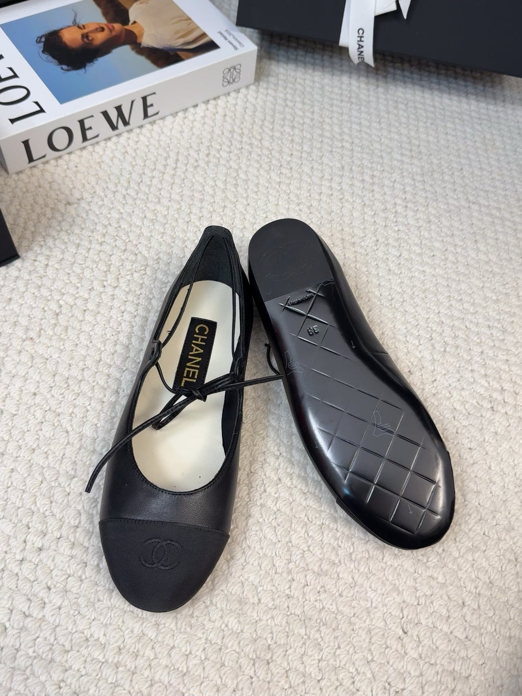 CHANEL FLAT MARY JANE PUMPS BLACK LAMBSKIN
