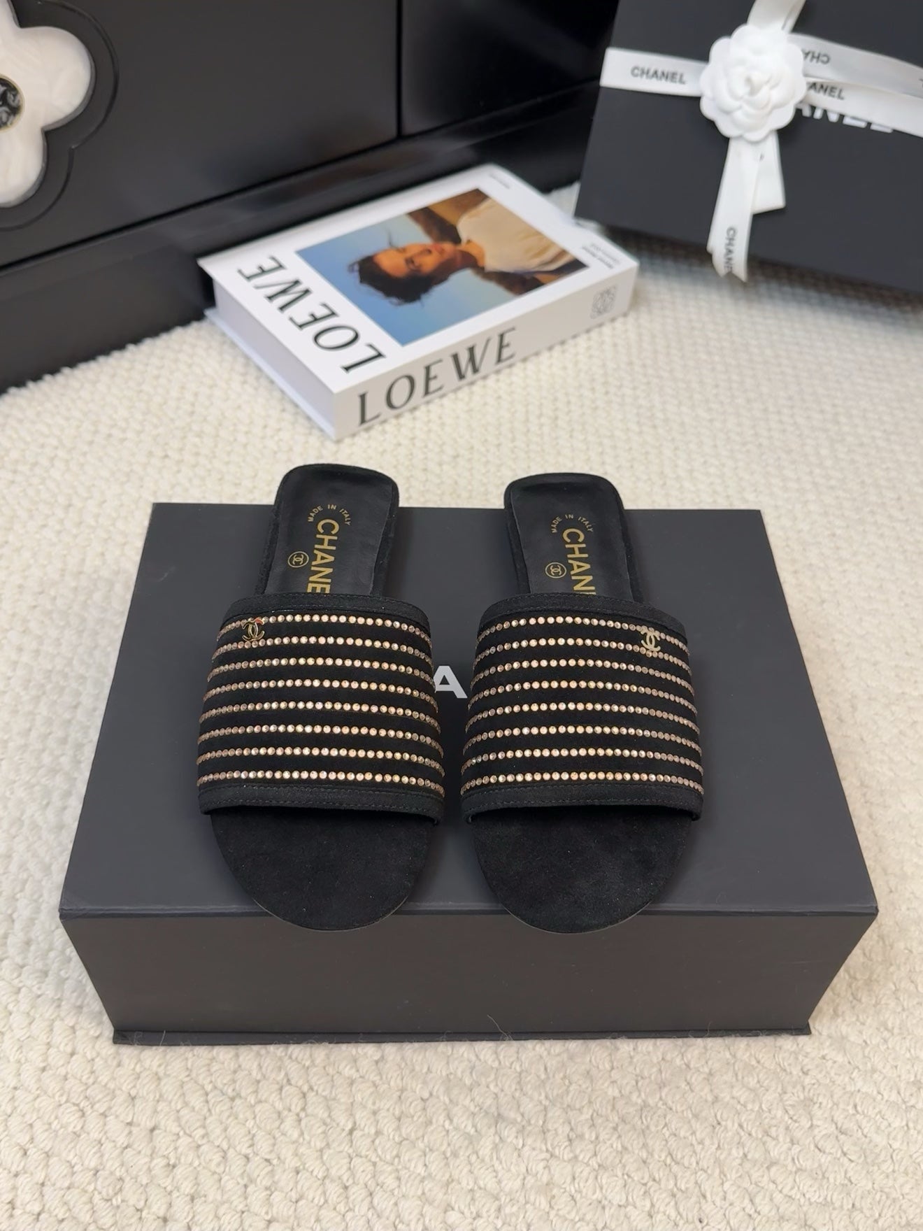 CHANEL FLAT SLIDE IN BLACK SUEDE WITH CRYSTALS