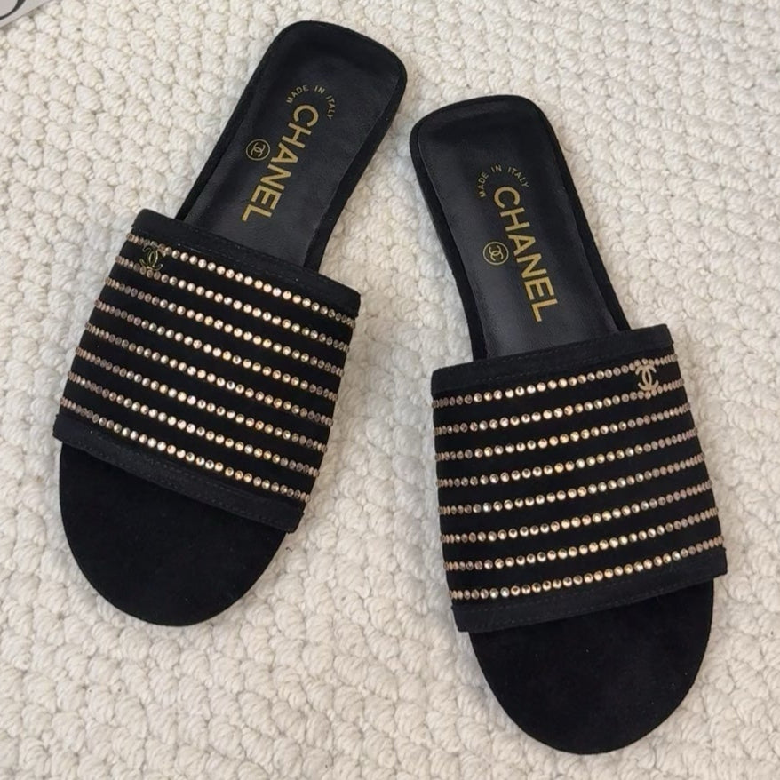 CHANEL FLAT SLIDE IN BLACK SUEDE WITH CRYSTALS